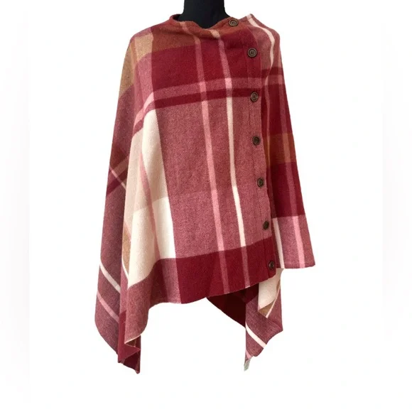SIMPLY NOELLE ~ Women’s Red/White/Pink plaid button up cape scarf OS - Picture 5 of 10